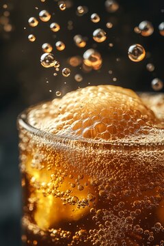 Kombucha tea fermentation process with large scoby in glass jar and active bubbles