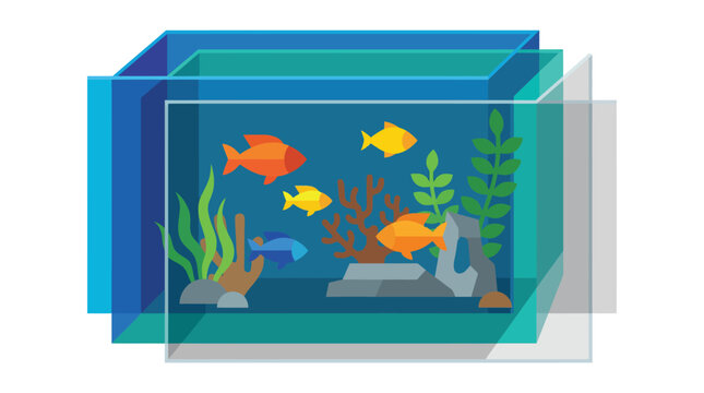 Flat vector aquarium fish tank illustration featuring colorful tropical fishes and underwater plants in a glass box