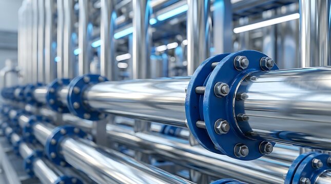 Shiny industrial metal pipes with blue flanges and bolts form complex network system in modern factory environment with soft blue lights.