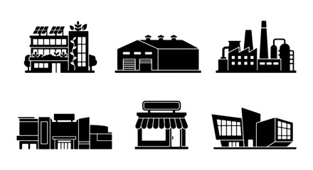 Obraz premium Modern Building Icons Set, Commercial Architecture Collection, Industrial Facades
