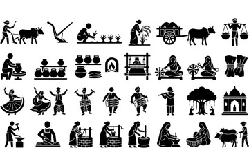 Fototapeta premium Traditional Indian Farming and Village Life Icons