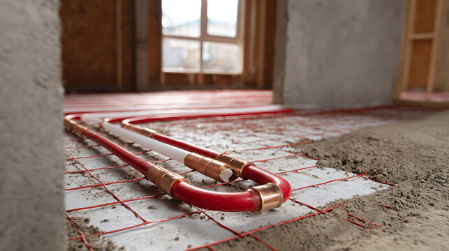 Red PEX pipes for radiant floor heating system installed on a grid in a new residential building under construction, close up abstract shot