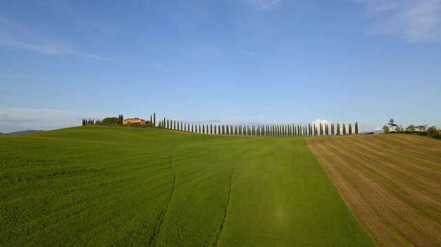 Aerial View of Agricultural Fields in Tuscany Countryside Italy, Farmland Patchwork Fields