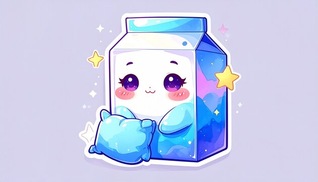 Adorable sleepy milk carton character with a tiny pillow and stars, perfect for stickers and cute designs