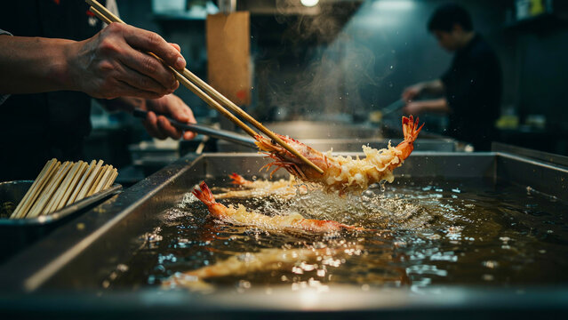 Zubereitung von knuspriger Tempura-Garnele in kochendem &Ouml;l