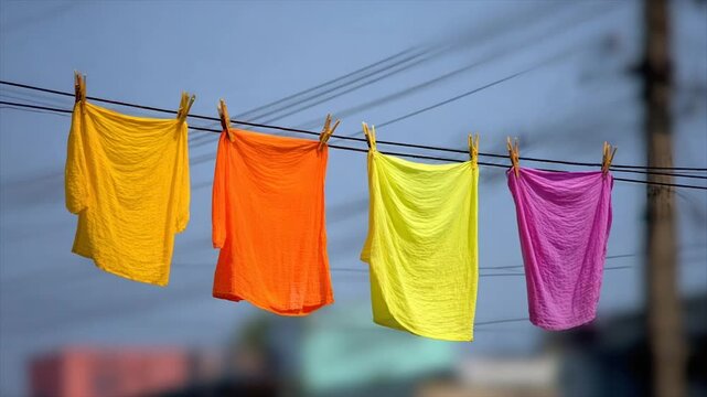 Vibrant clothes hang on a clothesline against a blue sky, held by wooden clothespins