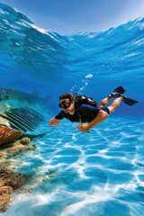 Fototapeta na wymiar Scuba diver exploring clear tropical waters above a shallow shipwreck with diving gear and fins