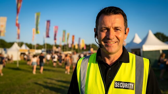 Friendly security guard wearing high visibility vest with communication headset smiling at camera during summer outdoor music festival in park with event tents behind.