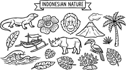 Indonesian Nature and Wildlife Vector Doodles. Black and White Hand-drawn Line Art Collection featuring Komodo Dragon, Orangutan, Rafflesia, Volcano, Rhinoceros, and Tropical Elements. © lincen