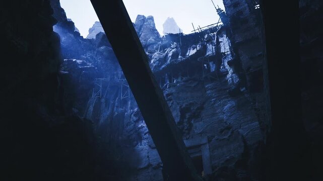 Two massive stone pillars crossing under cold blue light with rugged surfaces, deep shadow pockets and suspended walkways suggesting monolithic architecture