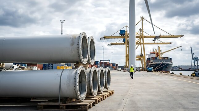 Worker in high visibility vest walking past massive metal industrial pipe segments stacked on wooden pallets at busy sea port shipping terminal near cranes.