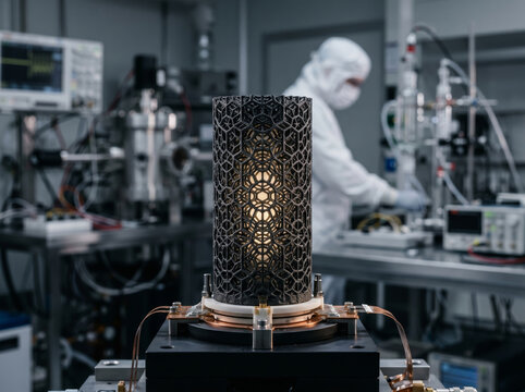 Scientist working on a glowing energy storage device