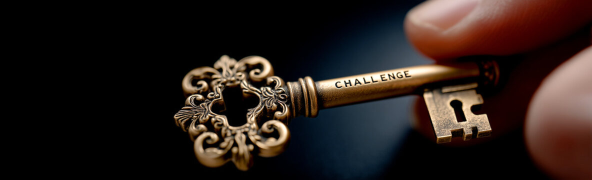 Hand Holding Antique Golden Key with Challenge Text Engraved on Dark Background