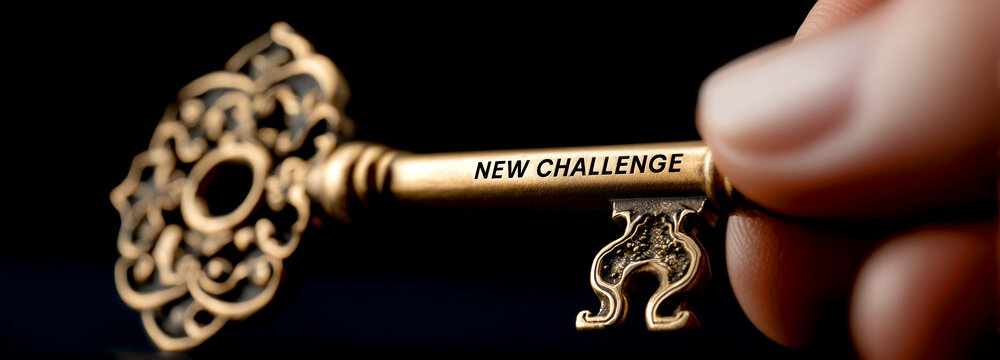 Hand Holding Antique Ornate Golden Key with New Challenge Text on Dark Background