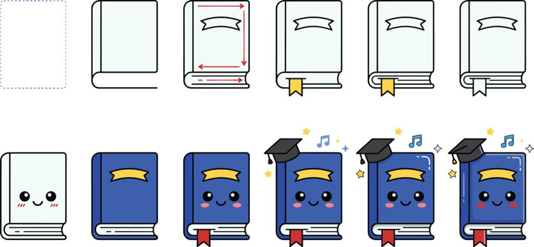 Vector illustration of cartoon book drawing tutorial with step‑by‑step sketch and graduation cap details representing art and education themes