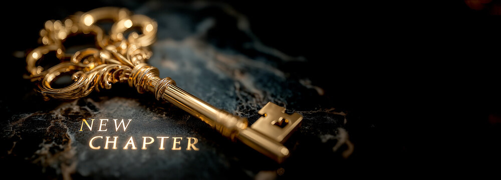 Ornate golden vintage key on dark marble surface with text new chapter concept of success and new beginnings