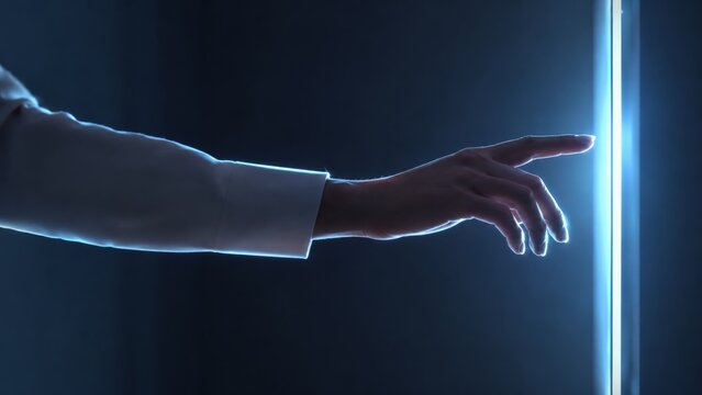 User Interacts With Bright Display. Interface Gesture Initiates Cool Lighting In Hightech Environment. Engaging Motion Triggers Access With Blue Glow For Modern Security Storytelling