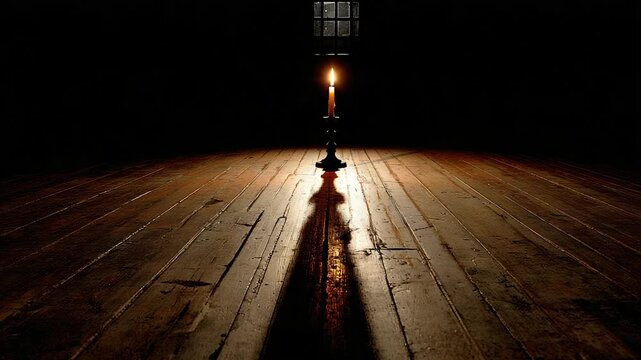 A candle illuminates a dark room, casting a long shadow on a wooden floor near a window