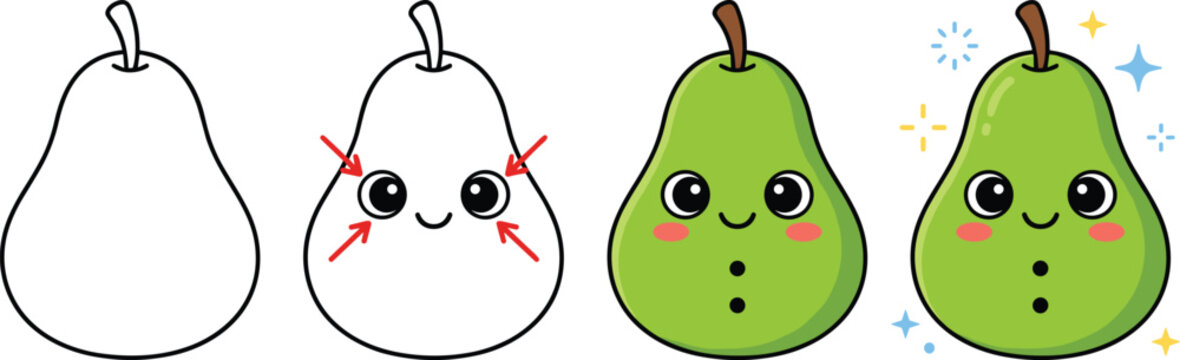 Vector illustration of cartoon pear drawing tutorial with step‑by‑step sketch and sparkles representing art and education themes