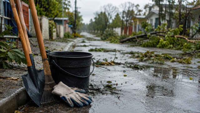 Cleanup Tools on Wet Street After Typhoon Damage in Neighborhood, recovery