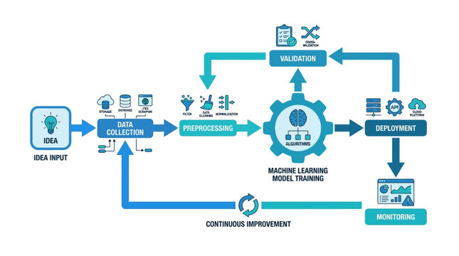 Machine learning lifecycle diagram showing data collection, preprocessing, model training, validation, deployment, and monitoring with continuous improvement.