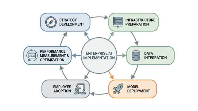 A comprehensive diagram illustrating the cyclical process of enterprise AI implementation, detailing key stages from strategy to optimization.