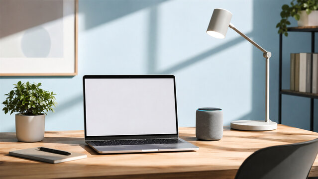 open laptop with blank screen and smart speaker on wooden desk. Modern home office workstation with lamp and houseplant. Interior workspace for remote work and digital communication