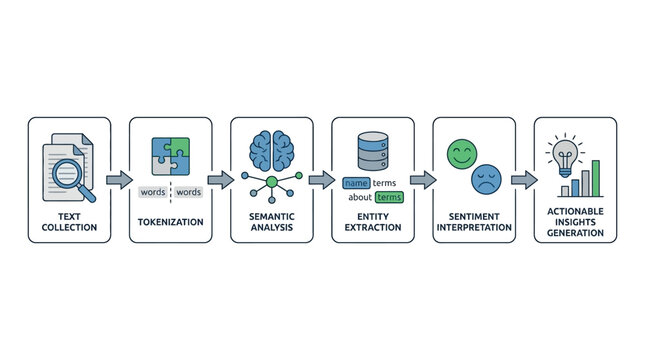 A detailed flowchart illustrating the six-step process of natural language processing from text collection to actionable insights generation.