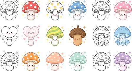 Vector illustration of cute cartoon mushrooms and acorn with colorful caps and sparkles representing nature and playful lifestyle themes © Sheikh