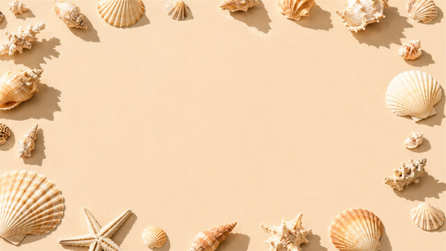 sea shell and starfish frame on beige background. Coastal summer wallpaper with tropical marine life. Nautical object border for creative invitation design and beach vacation holiday mood