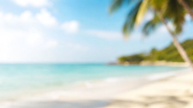 tropical beach landscape with blurred palm tree and turquoise ocean. Sunny summer scenery for vacation and travel inspiration. Relaxing coastal view for holiday background design