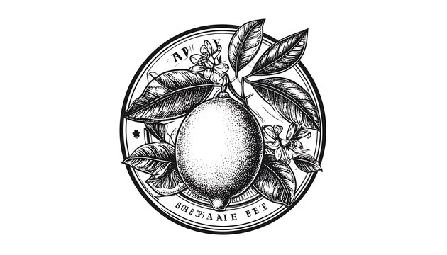 Black and white botanical illustration featuring a lemon on a branch with leaves and flowers, encircled by a circular frame