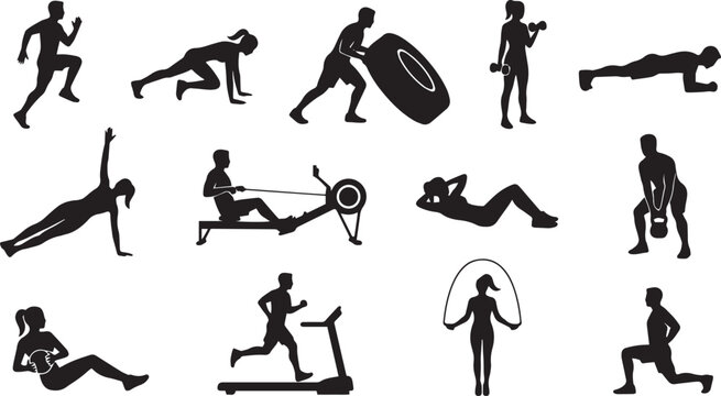 Collection of diverse fitness activity silhouettes illustrating various workout routines, showcasing a range of exercises for health and a healthy lifestyle