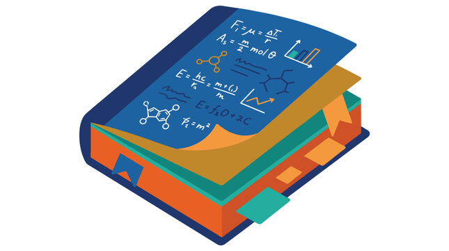 Isometric 3d notebook icon featuring scientific formulas and chemical structures on blue pages with colorful tab markers