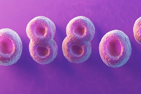 Colorful cell mitosis stages in vibrant microscopic close-up with glowing purple background