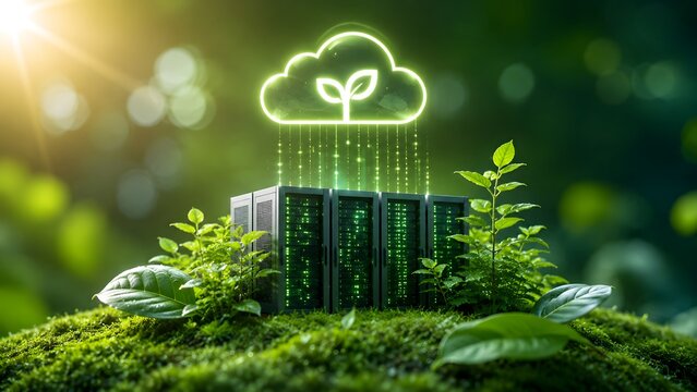 Green eco friendly data center server rack with glowing leaf cloud representing sustainable cloud computing infrastructure