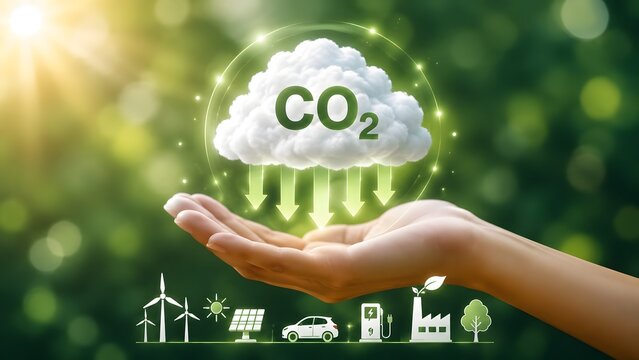 Hand holding glowing cloud with CO2 text and downward arrows symbolizing carbon footprint reduction and ESG policy