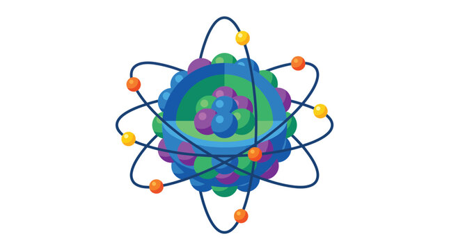 Colorful 3d atom model icon featuring nucleus protons neutrons and electrons orbiting in a minimalist scientific design
