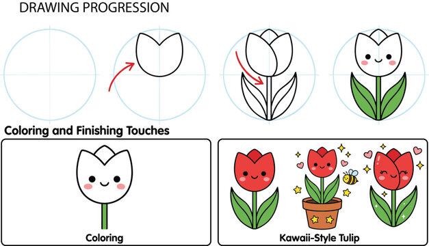Vector illustration of kawaii tulip drawing tutorial with step‑by‑step sketch and coloring progression representing art and education themes