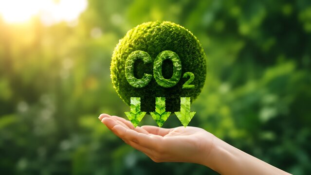 Mossy green earth sphere with CO2 emission decrease concept in human hand symbolizing global climate action and nature preservation