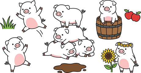 Vector illustration of playful cartoon piglets with barrel, sunflower, apples, and mud representing farm and cute lifestyle themes © Sheikh