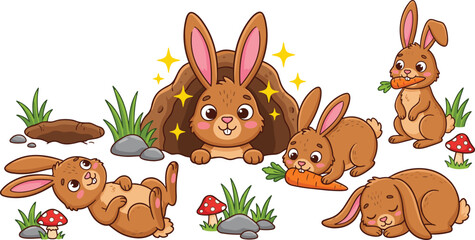 Fototapeta premium Vector illustration of playful cartoon rabbits with carrots, mushrooms, and plants representing animal and cute lifestyle themes