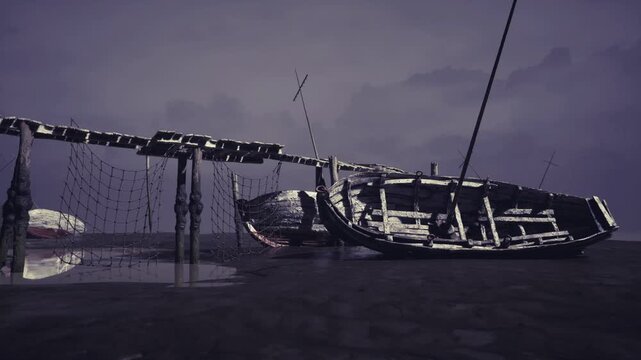 Shipwrecked wooden boat beside dilapidated pier, abandoned fishing vessel after storm, twilight mood with churning waves and mist. Weathered hull listing