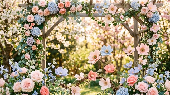 Soft pink and blue floral spring background with delicate paper flowers and gentle sunlight, elegant springtime scene