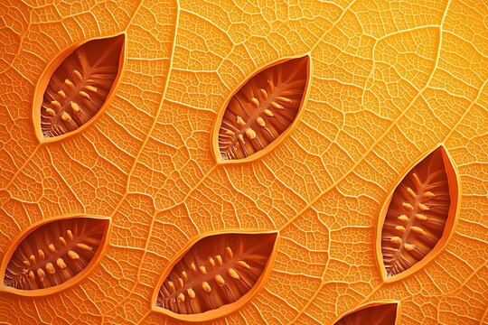 Close-up view of plant stomata texture in warm golden light with natural pattern