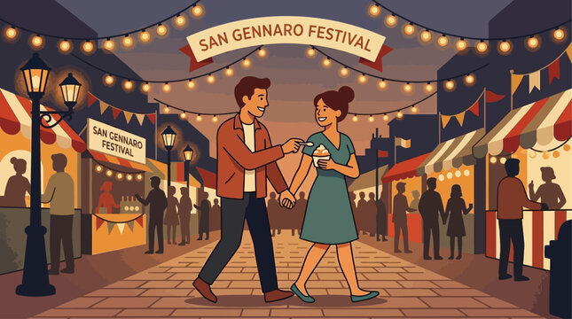 A charming flat design vector illustration depicting a stylized couple enjoying a romantic moment at the San Gennaro Festival, strolling hand-in-hand under festive lights.
