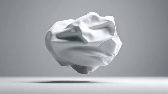 A white fabric shape, with folds and creases, floating on a gray gradient backdrop