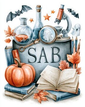 Halloween Science Classroom Frame with SAB Letters Microscope Flasks Pumpkin and Ghost