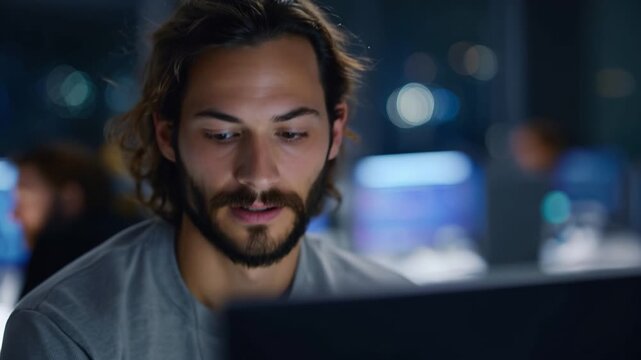 Focused Man Analyzing Data on Computer Screen at Late Night in Dimly Lit Office, Engaged with Task, Displaying Intense Concentration and Enthusiasm.