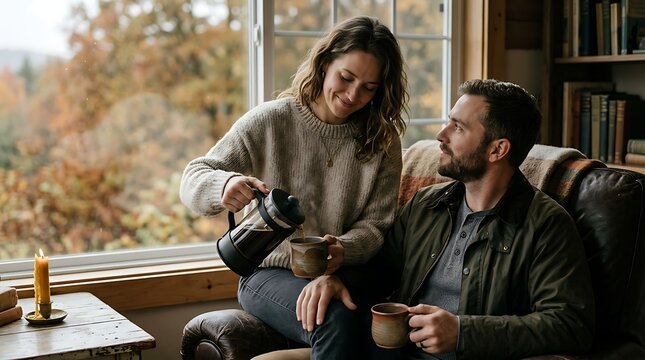Couple enjoying coffee together on a couch by the window